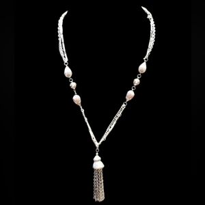 Re-engineered vtg necklace with a tassel and triple chain silver tone 25
